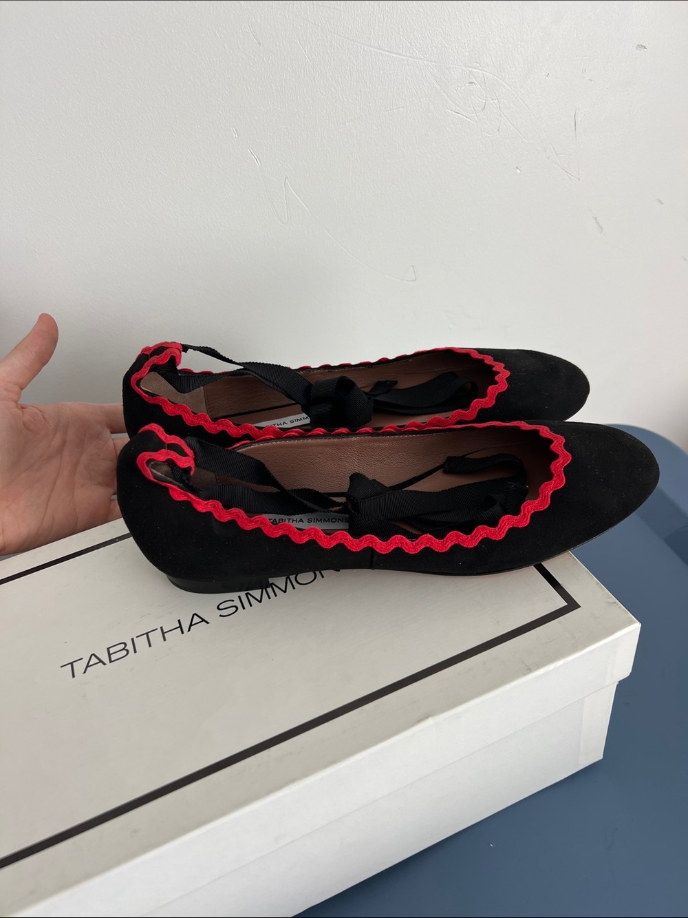 Tabitha Simmons daria red ricrac black kidsuede suede leather ballet flats 37.5